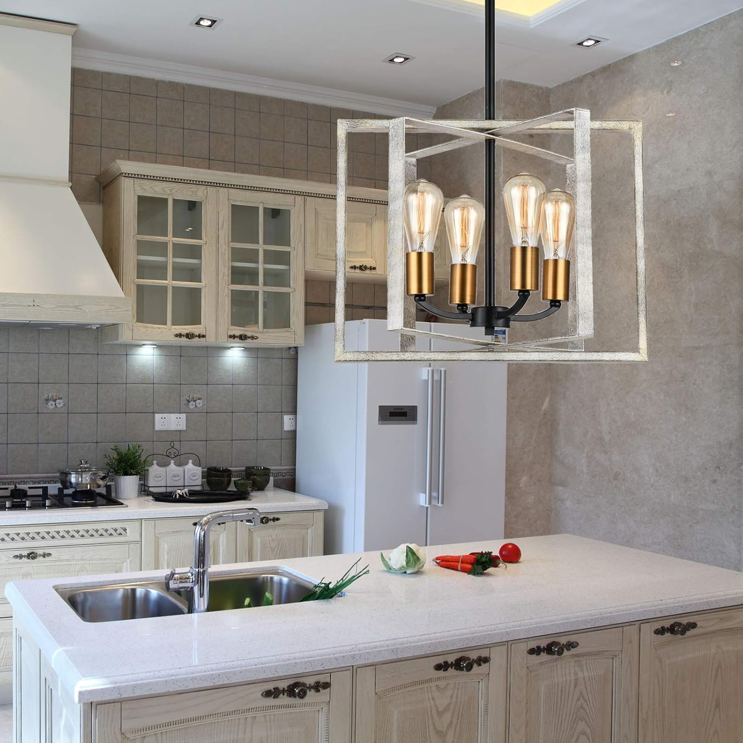 4- Light Pendant Light, SEEBLEN Adjustable Hanging Lights Vintage Foyer Lantern for Kitchen lsland Dining Room Hallway Farmhouse Ceiling Lights(Ash Wood Grain ) - - 