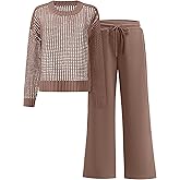 ANRABESS Womens 2 Piece Outfits Crochet Sheer Knit Sweater Top Wide Leg Pants Lounge Set Sweatsuit 2026 Spring Travel Clothes