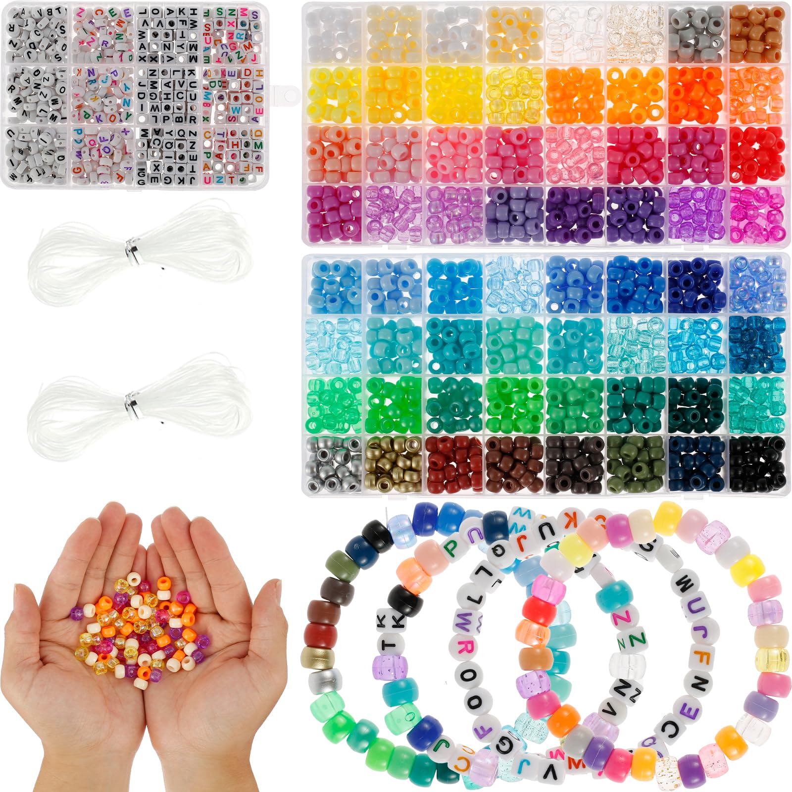 Alongen 1977Pcs Pony Beads Kit for Bracelet Making 64 Colors 9mm Kandi Beads Set Plastic Pony Bulk with 375pcs Letter Elastic String DIY Bracelets Jewelry for Bracelets Necklace