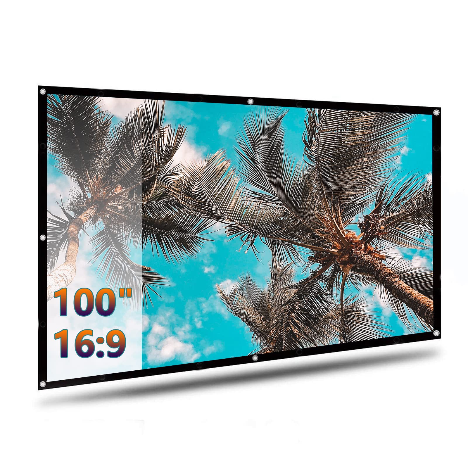 Photo 1 of 100 inch Portable Projector Screen with Anti-Crease, Foldable Projection Movie Screen for Indoor & Outdoor Use, 16:9 HD White Screen for Home Theater, Backyard, Parties, Office and Classroom