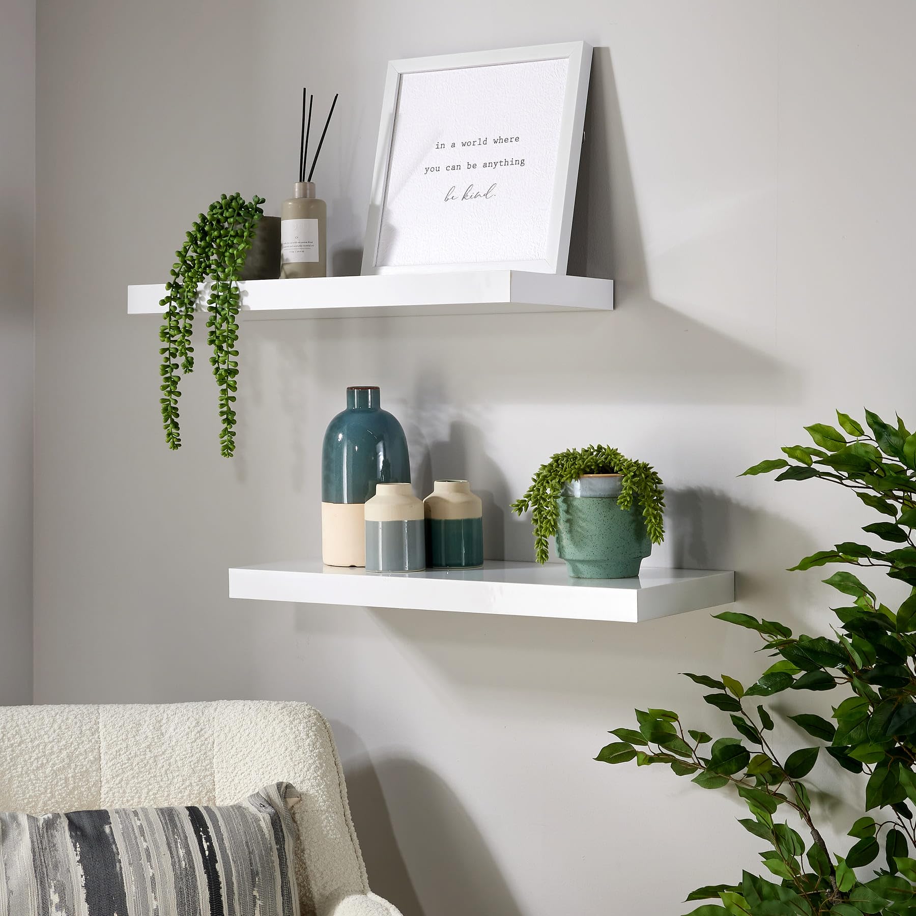 Home Source Pair of 2 Floating Wall Mounted Storage Shelf Wooden DVD Book Shelves, White Gloss, 60 cm