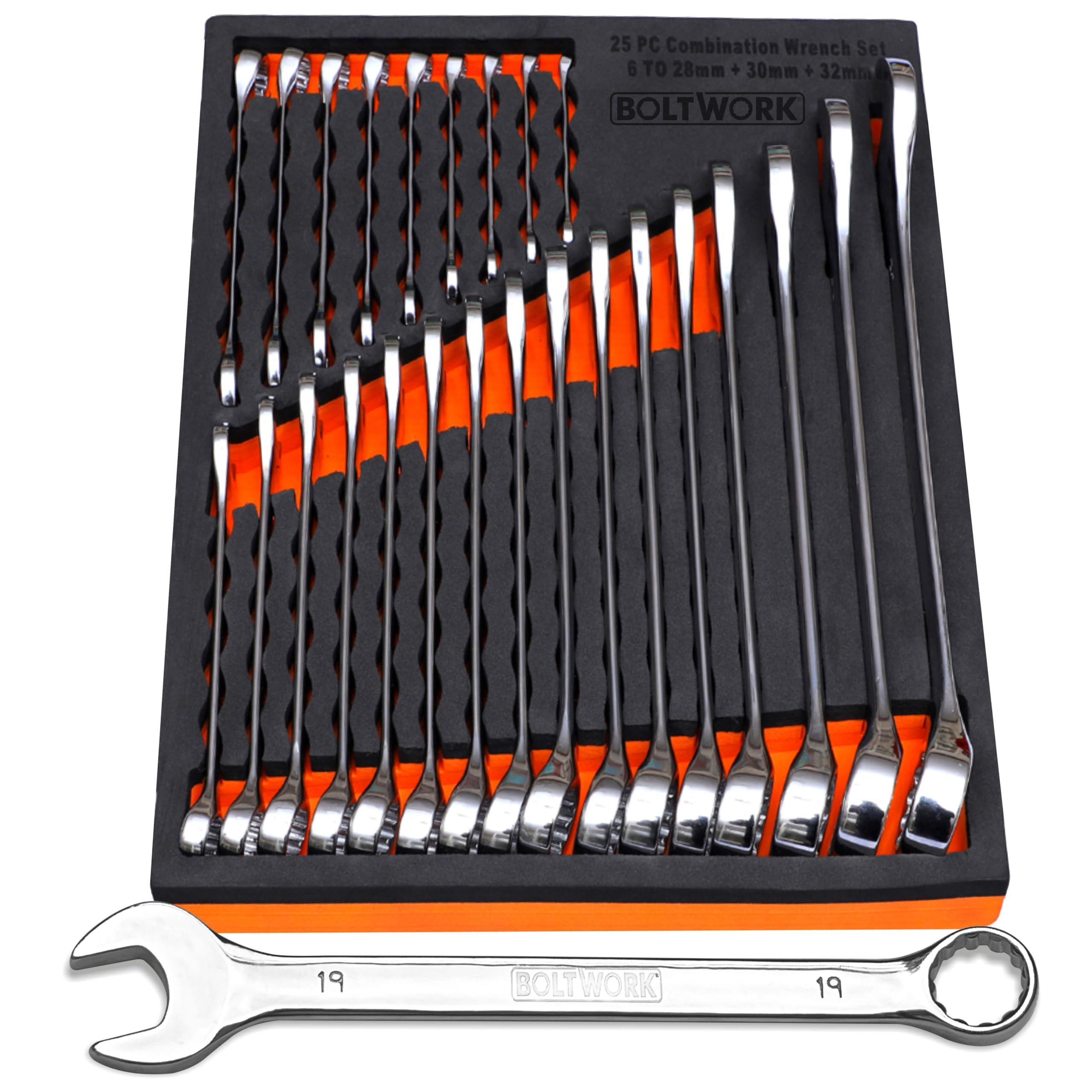 BOLTWORK Spanner Set 25 Combination Open and Bi-Hexagonal Spanner Set, Drop Forged 6 to 28, 30, 32mm Metric Sizes Supplied in Heavy Storage Eva Foam Tray