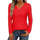 YUCOLEN Womens Long Sleeve Shirts V Neck Cotton T-Shirt Tops Solid Color Casual Breathable Basic Tee Tshirt