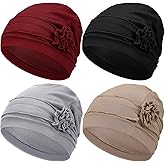 Geyoga 4 Pcs Chemo Turban Headwear for Women Slouchy Soft Chemo Cancer Hats Winter Warm Elastic Sleep Cap with Flower Design