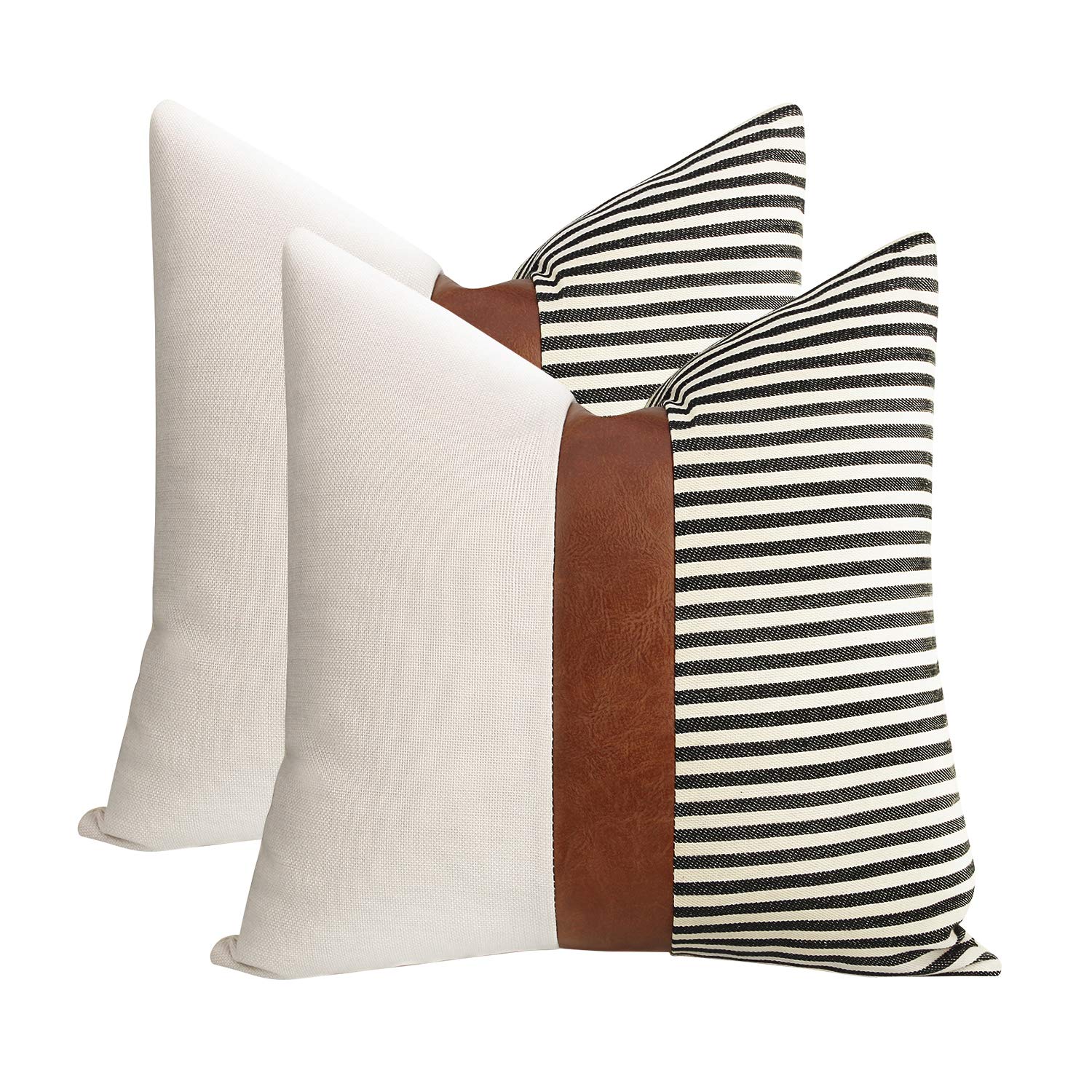 Photo 1 of cygnus 16x16 inch Pillow Covers Set of 2 Farmhouse Decor Stripe Patchwork Linen Throw Pillow Covers Modern Faux Leather Covers for Couch Sofa,Black