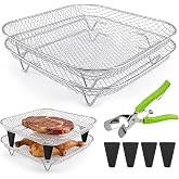 8 Inch Square Air Fryer Rack Set,Dual-Layer 304 Stainless Steel Cosori Ninja Air Fryer Rack with Anti-Scald Clip,Multi-Use Stackable Rack for Cosori