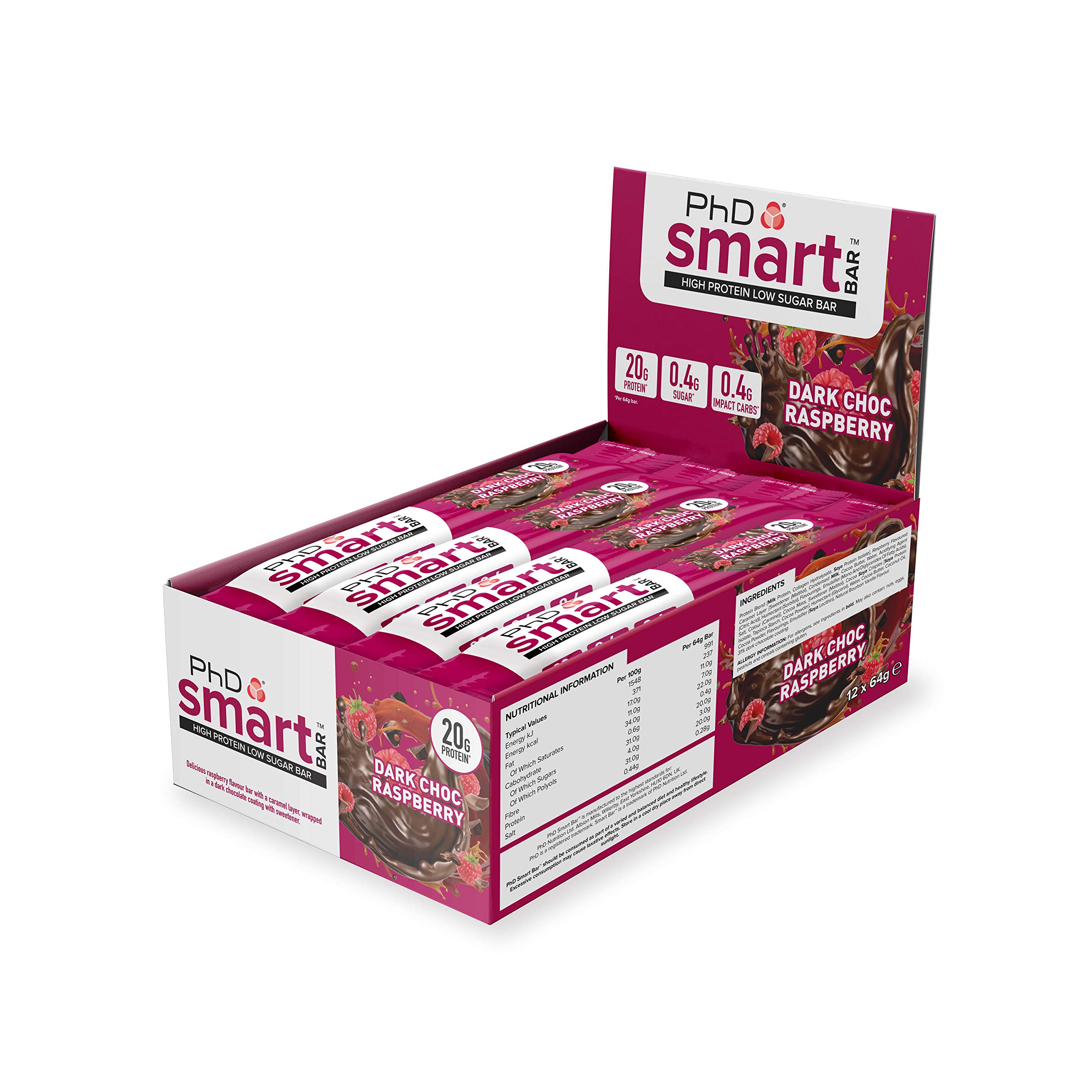 PhD Smart Bar High Protein Low Carb Bar Dark Chocolate Raspberry, 64 g