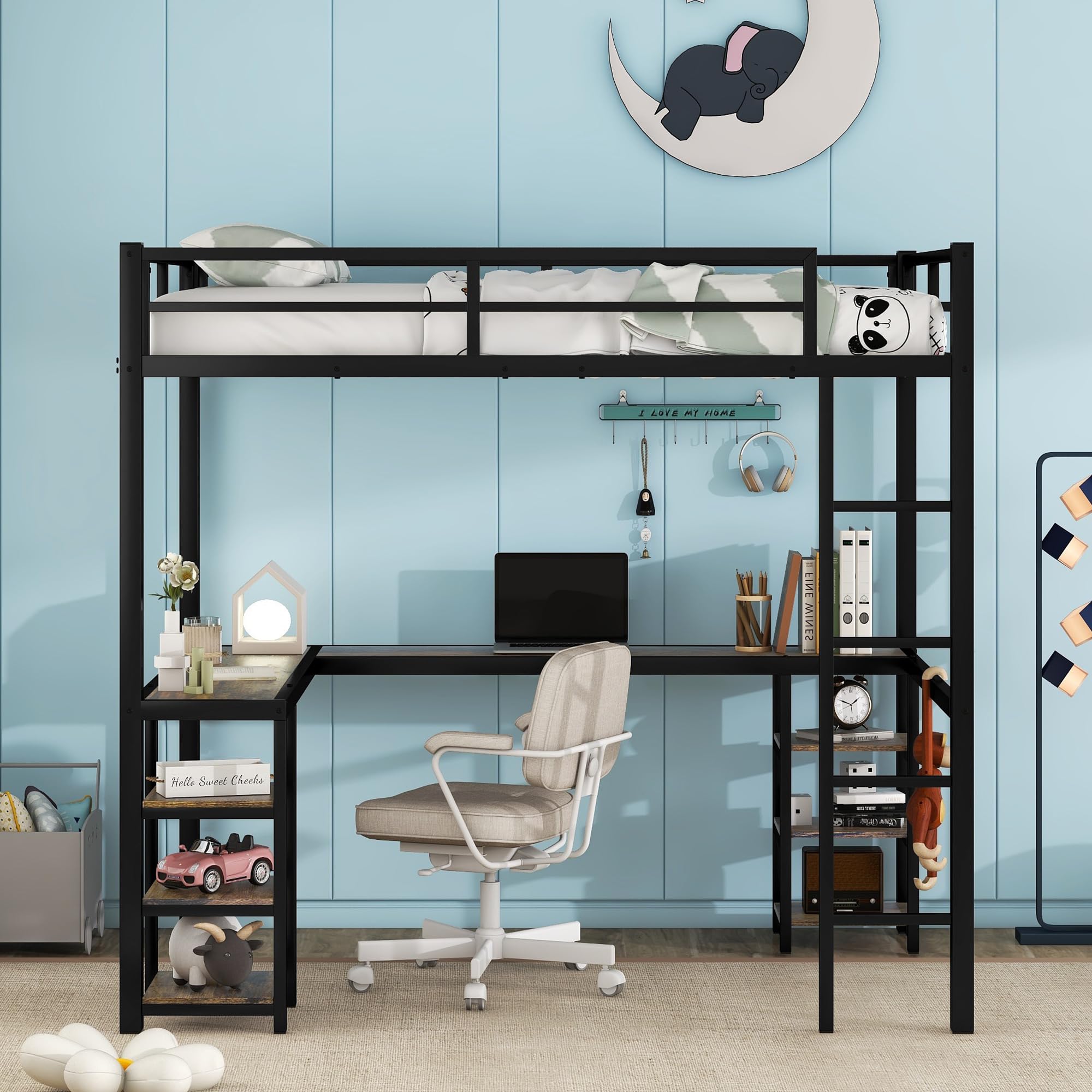 Photo 1 of DNYN Full Size High Loft Bed with Desk & Six Storage Shelves for Kids Bedroom,Sturdy Metal Bedframe w/Ladder & Safety Guardrails,No Box Spring Needed & Super Save Space, Black