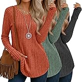 Oakgarden 3 Pack Women's V Neck Sweaters with Thumb Holes Ribbed Long Sleeve Shirts Casual Fall Tops Tunic Clothes
