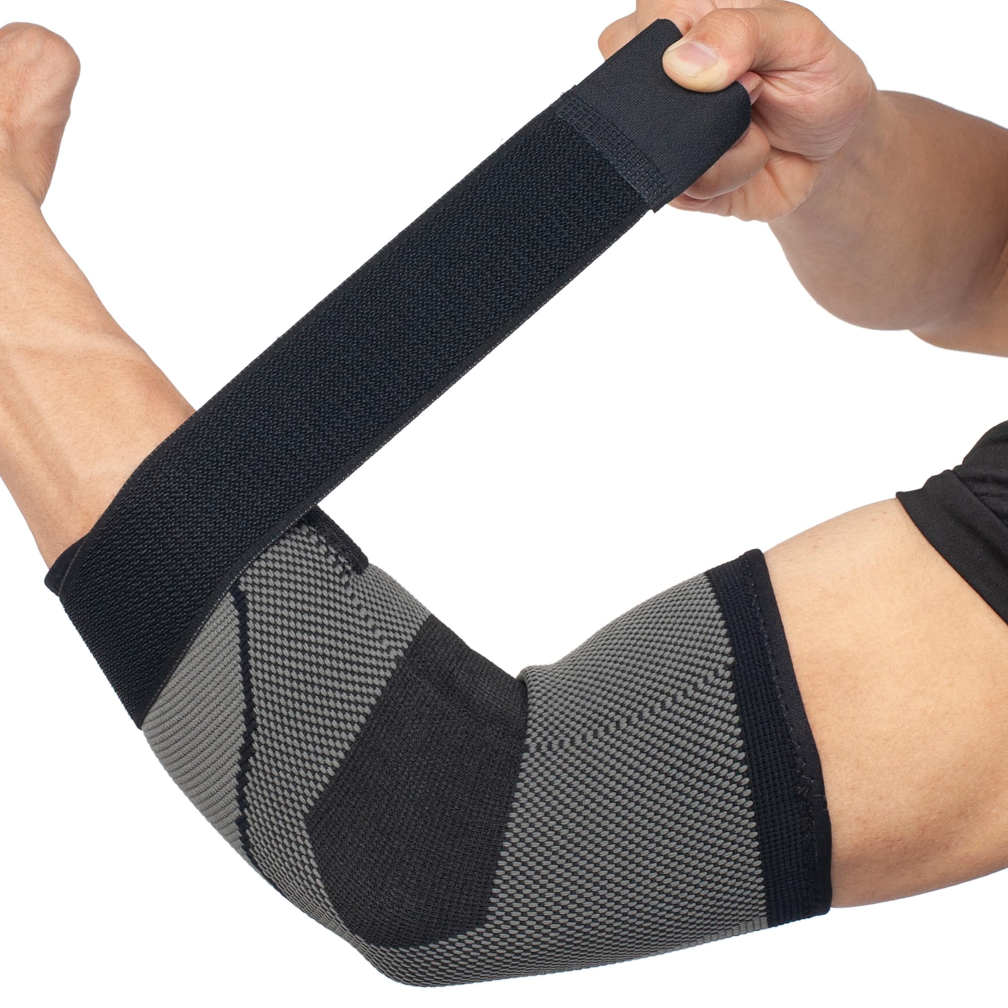 360 RELIEF - Compression Golf Elbow Sleeve Brace with Strap for Tendonitis Support | Tennis, Splint, Gymnastic, Joint Pain Relief, Workout, Sports | Medium, Black with Mesh Laundry Bag |