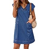 Pink Queen Womens Denim Dress Summer V Neck Short Sleeve Loose Casual Jean Dresses with Pockets