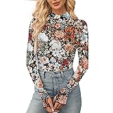 Aoulaydo Long Sleeve Floral Mesh Tops Mockneck Going Out Tops for Women Fashion Spring Outfits 2025