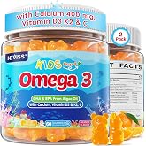Kids Omega 3 Gummies (EPA &amp; DHA) for Bone &amp; Brain，No Fish Burps, 120 Cts | Algae Omega 3 Supplement for Kids &amp; Teens + Calcium 400mg, Vitamin D3 K2, C, Multivitamin for Overall Health, Sugar Free