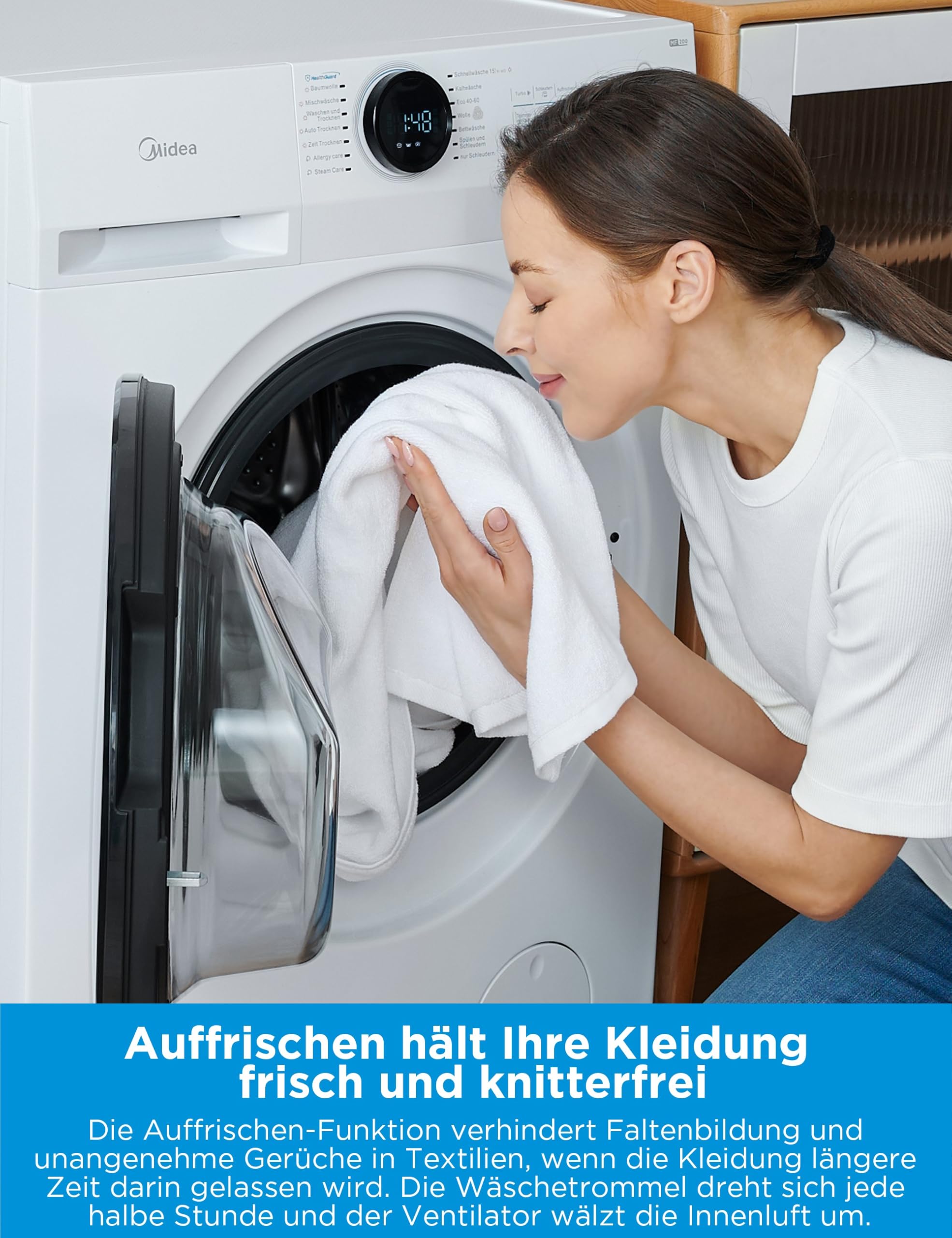 Midea MF200D86WB-14EAS Waschtrokner, 8/6kg Waschen/Trocknen, A, Inverter Mortor, Auffrischen, 60 Min. Waschen & Trocknen, Steam Care, Turbo Wash, 48 cm tief, APP-Steuerung, AquaStop 5