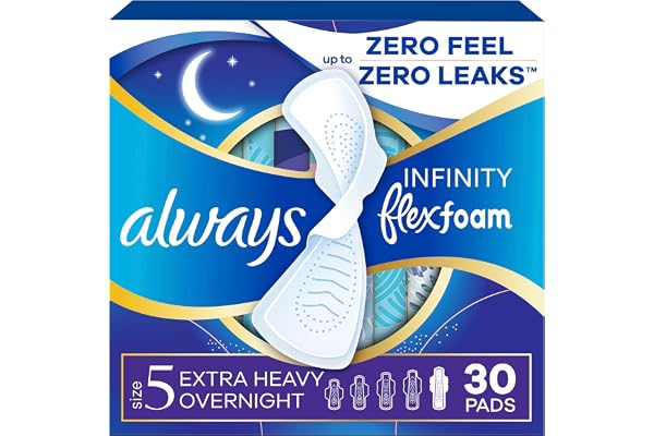 Always Infinity FlexFoam Pads for Women, Size 5, Extra Heavy Overnight Pad with Wings, Unscented, 30 Count