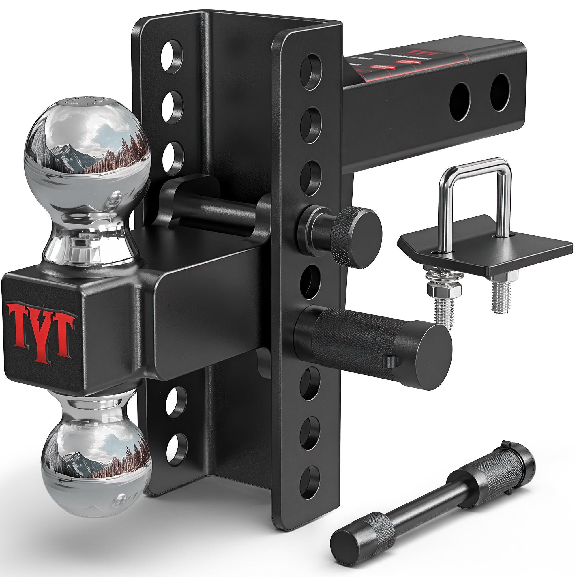 TYT Adjustable Truck Trailer Hitch for 2 inch Receiver, 6" Drop/Rise Tow Hitch with Dual Balls (2" & 2-5/16"), 22,000 lbs GTW, 2,200 lbs TW, Includes Two Pin Locks & Hitch Tightener Image