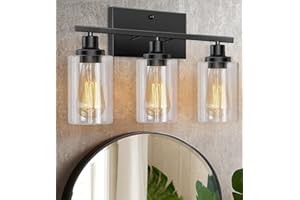 Bathroom Light Fixtures Over Mirror, 3-Light Vanity Light with Clear Glass Shade, Matte Black Vanity Lights for Bathroom, Met