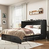Hlivelood Queen Size Murphy Chest Bed with Drawer and Charging Station, Farmhouse Wood Space-Saving Hidden Folding Bed Chest, Multifunctional Storage Cabinet Beds for Bedroom, Office, Black