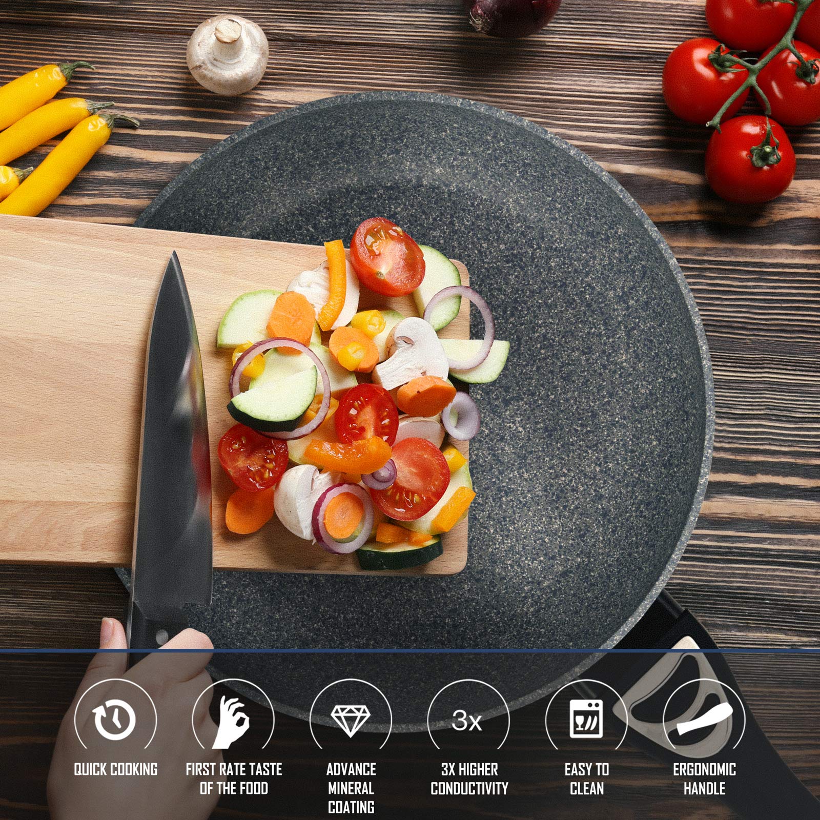 Rosmarino™ antihaftbeschichtete Induktionssteinbratpfanne 28 cm (11”), 100 % PFOA-frei für ein gesünderes Kochen, abplatz- und kratzfest durch die Premiumbeschichtung, stromsparend durch exzellente Leitfähigkeit