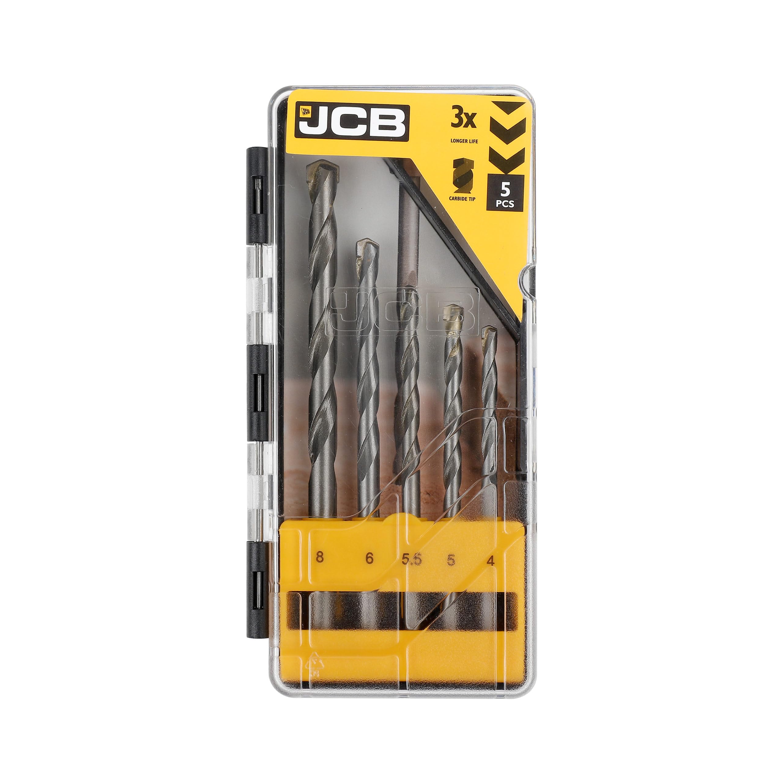 JCB Masonry Drill Bit Set, 5 Pieces, Solid Steel, Carbide Tip - Precision ground flutes, 135 degree tip angle, 3 year warranty