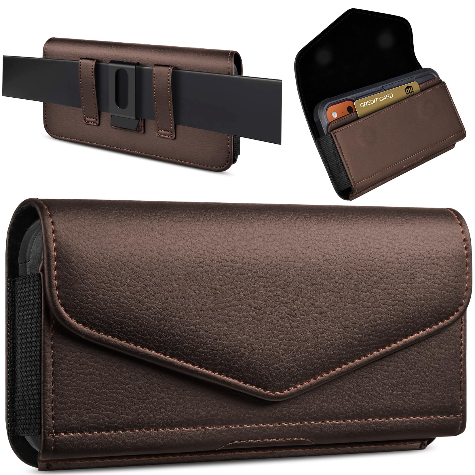 COANJIUO Leather Cell Phone Holster with Card Holder and Belt Clip Protective Case for Samsung Galaxy Ultra S25 S24 S23 S22 S21 S20 A17 A16 A15 A14 A13, Motorola G Stylus 5G, XL-Coffee
