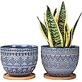 G EPGardening 6 Inch Ceramic Plant Pots for Indoor Plants with Drainage Hole and Saucers Round Succulent Orchid Flower Planters Set of 2 Blue