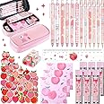 Weekgrat 27 Pcs Kawaii Peach Mechanical Pencil and Cute Pen Case Set Include Black Ink Pens Pencil Refills Juice Peach Erasers Ruler Stickers Sticky Notes Stationery School Supplies