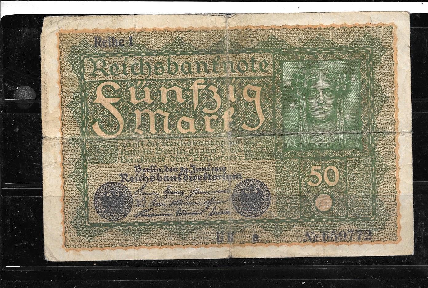 Nice1159 Germany #66 1919 Very Good CIRCULATED 50 Mark Old BANKNOTE - Paper Money Authentic, Rare