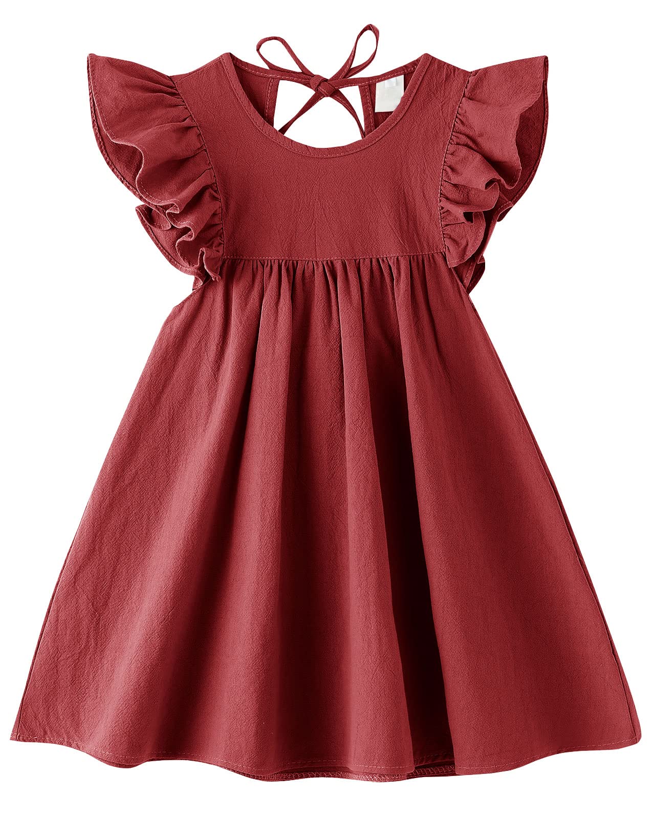 Photo 1 of ****CORRECT ITEM****Dutebare Girls Linen Dress Ruffle Short Sleeve Halter Solid Color Toddler Summer Dresses 818 Dark Red 100