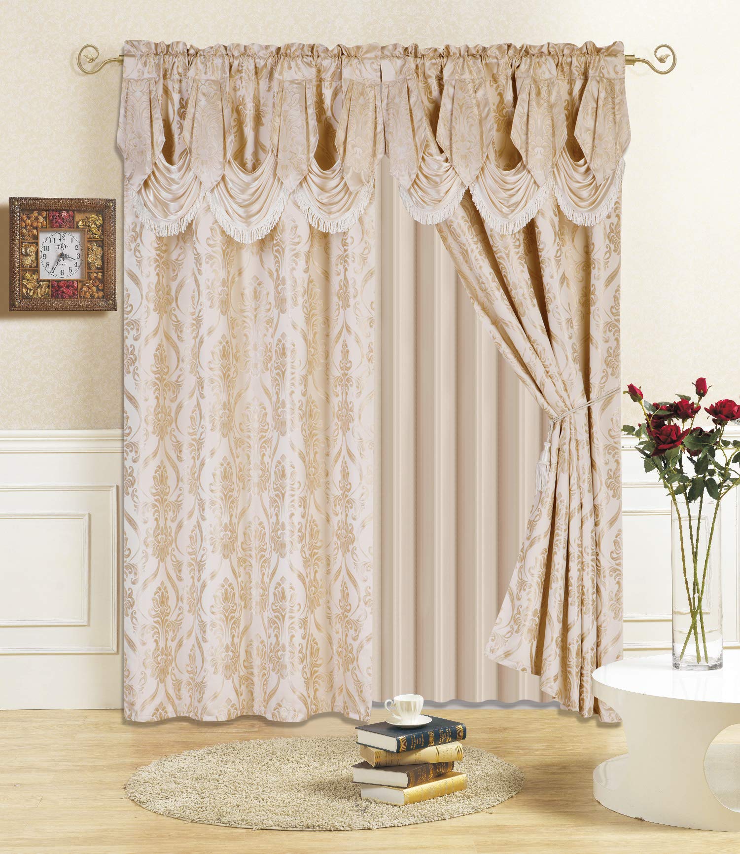 All American Collection New 4 Piece Drape Set with Attached Valance and Sheer with 2 Tie Backs Included (63" Length, Beige)