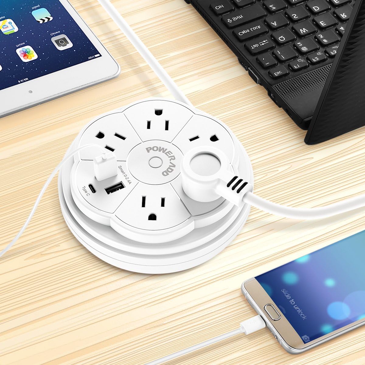 POWERADD Travel Power Strip 5 Outlet Surge Protector with Retractable Cord Smart USB Ports and Type-C Port, 125V/13A, 3.3ft Extension Cord, Portable & Neat for Travel/Home /Office: Home Improvement