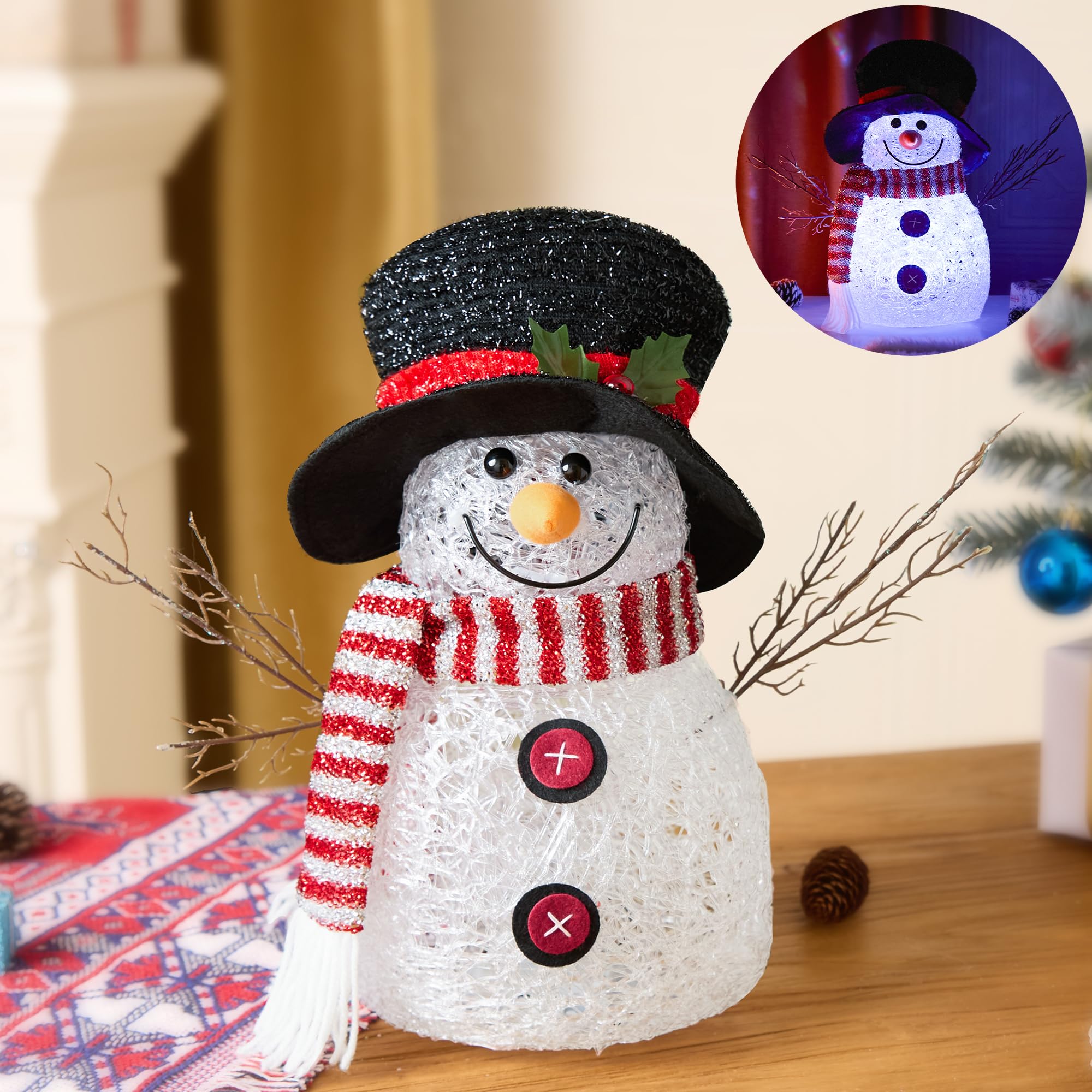 Photo 1 of ELAMAS Christmas Acrylic Snowman Decorations - Rotating Color Changing LED Tabletop 13.7 Inch Snowman, Pre Lit Light Up, Glitter Christmas Figure Table Desk Decor for Indoor, Interior