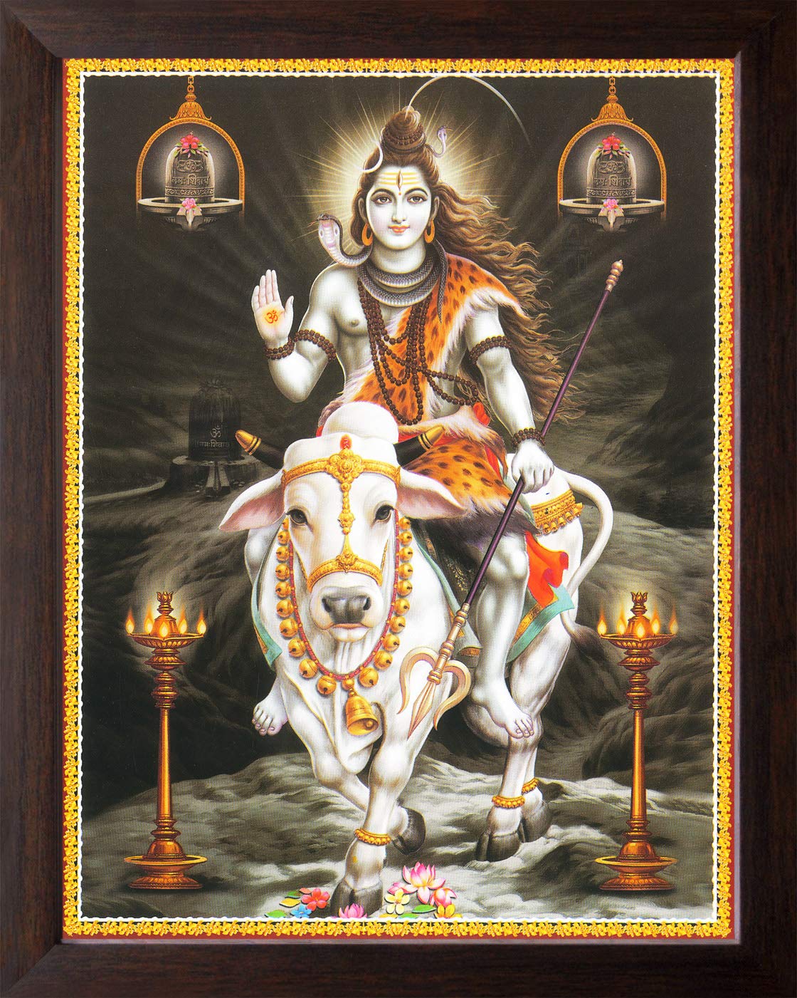 Art n Store: Lord Shiva Riding with his Vehicle of Nandi & Giving Blessing HD Printed Religious & Decor Picture Painting with Plane Brown Frame (30 X 23.5 X 1.5 cm_ Brown Wood)