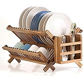 NOVAYEAH Acacia Wooden Dish Drying Rack for Kitchen Counter 2-Tier Collapsible Bmaboo Dish Drying Rack with Utensil Holder-Large Folding Dish Drainer Rack with Flatware Holder 34 pcs Grid