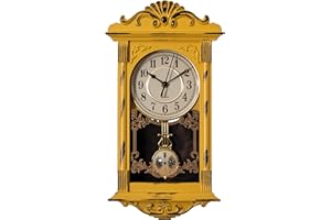 Clockswise Vintage Grandfather-Style Wall Clock with Wood-Effect Plastic Pendulum, Battery-Operated - for Home Decor, Living Room, Home Office, Kitchen or Dining Room ? Yellow with Distressed Finish