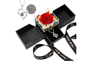 FOCIE Preserved Red Real Rose -Eternal Flowers Rose Gifts for Mom Grandma Wife Girlfriend on Various Festivals Gifts for Her Christmas Birthday Anniversary with I Love You Necklace