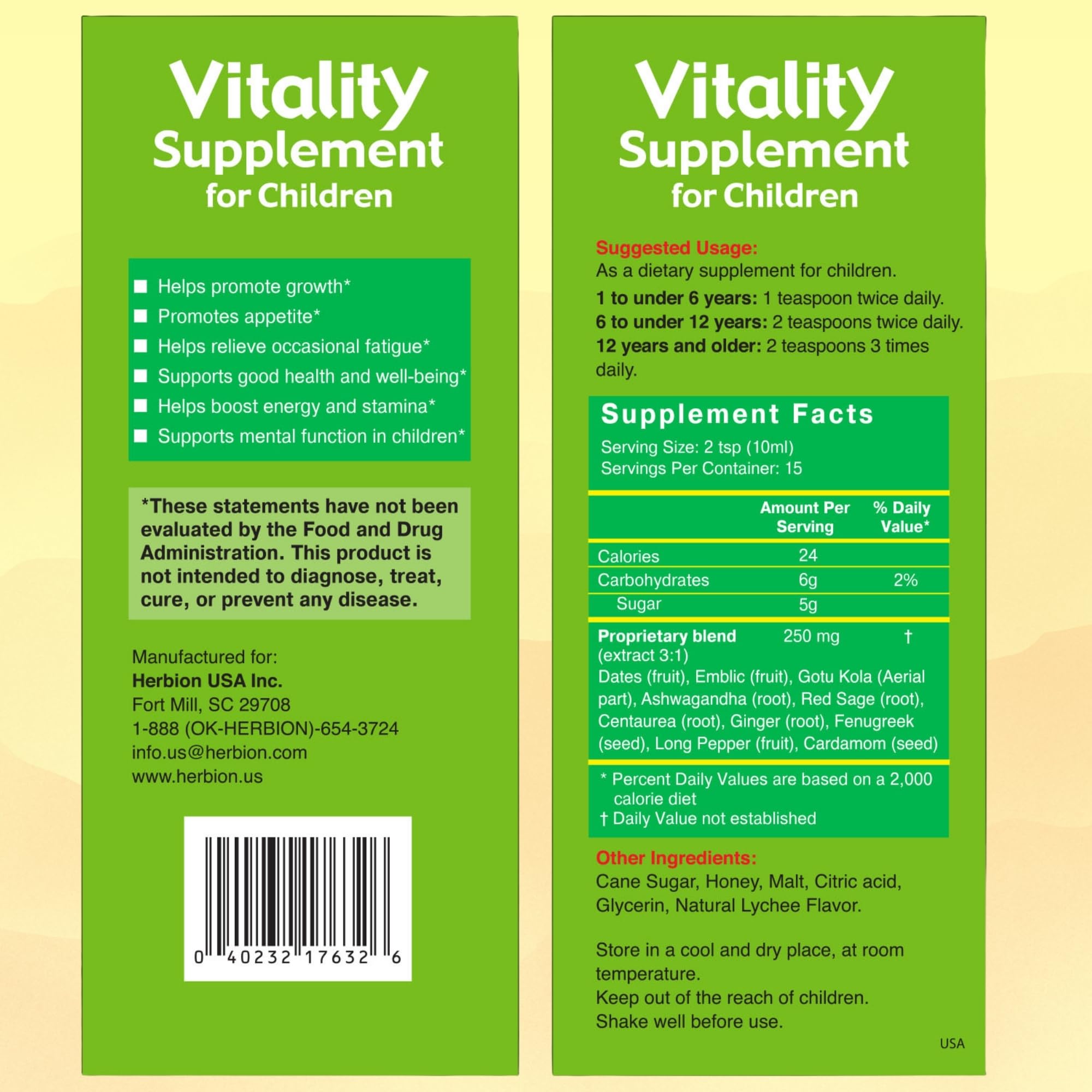 HERBION Naturals Vitality Supplement for Children, Promotes Growth and Appetite, Relieves Fatigue, Improves Mental & Physical Performance, for Kids 1 Year & Above, 5 Fl Oz (Pack of 1)