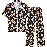 Hupohoi Girls Button Down Pajama Sets Short Sleeve Long Pants 2pcs Sleepwear Cute Patterns Outfits with Poackets Nighty