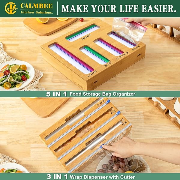 CALMBEE 9 IN 1 STORAGE BAG ORGANIZER FOR KITCHEN DRAWER, BAMBOO FOIL AND PLASTIC WRAP WITH CUTTER, ORGANIZERS COMPATIBLE GALLON, QUART, SANDWICH SNACK SIZE