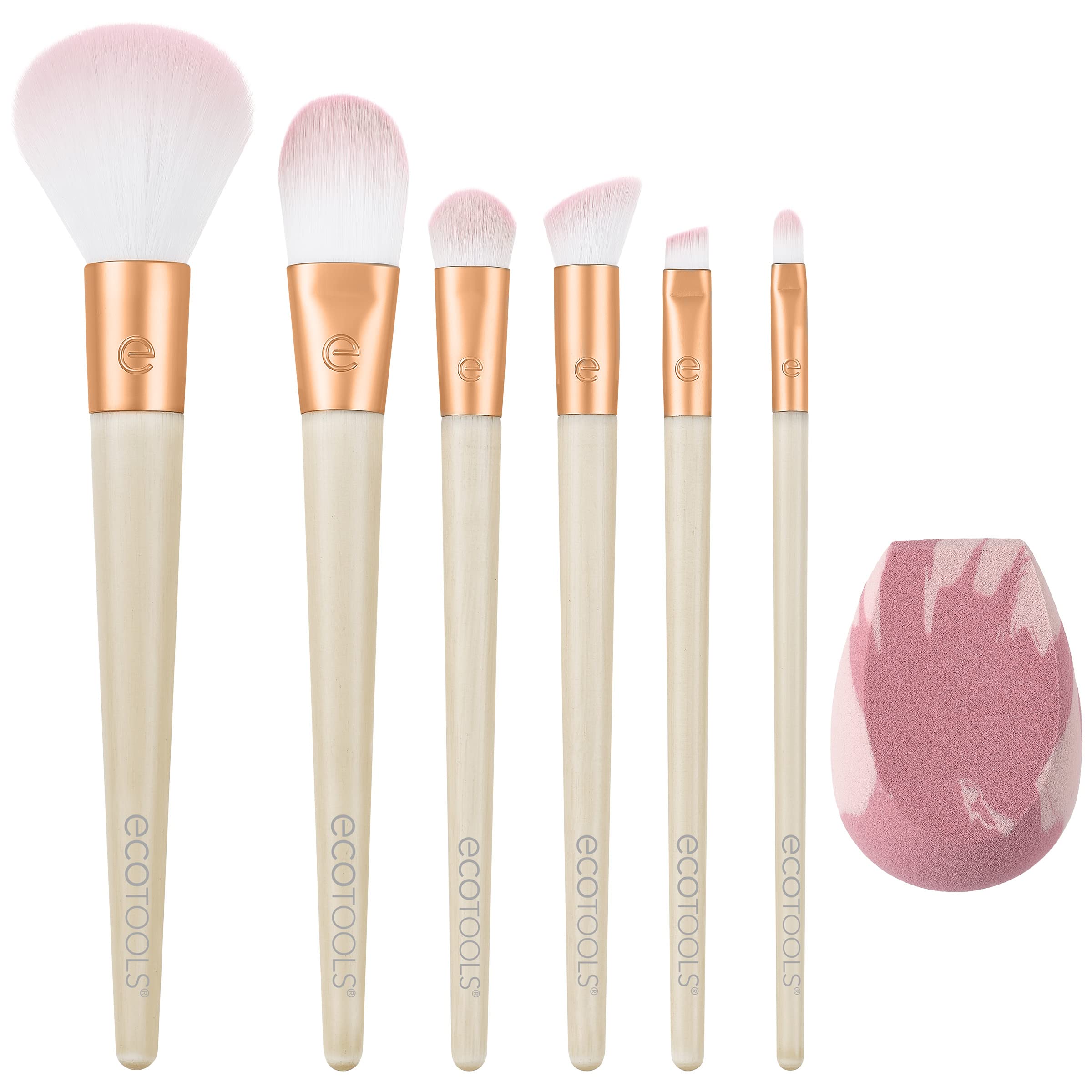 EcoTools Limited Edition Wrapped In Glow Makeup Brush & Sponge Kit, Blender Face Brushes, Seamless Application and Buildable Coverage, 7 Piece Gift Set, Cream