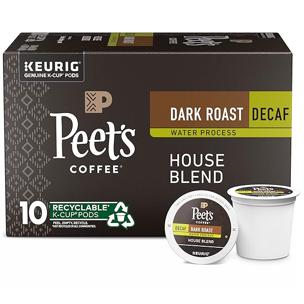 PEET’S COFFEE, DARK ROAST DECAFFEINATED COFFEE K-CUP PODS FOR KEURIG BREWERS – DECAF HOUSE BLEND 10 COUNT (1 BOX OF 10 K-CUP PODS) PACKAGING MAY VARY