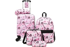 Esteemly Kid's Luggage Set 5 Piece Suitcase Set 16" Hardside Luggage with Spinner Wheels Girls Carry on Toddler Travel Rolling Suitcase with Neck Pillow Airline Approved