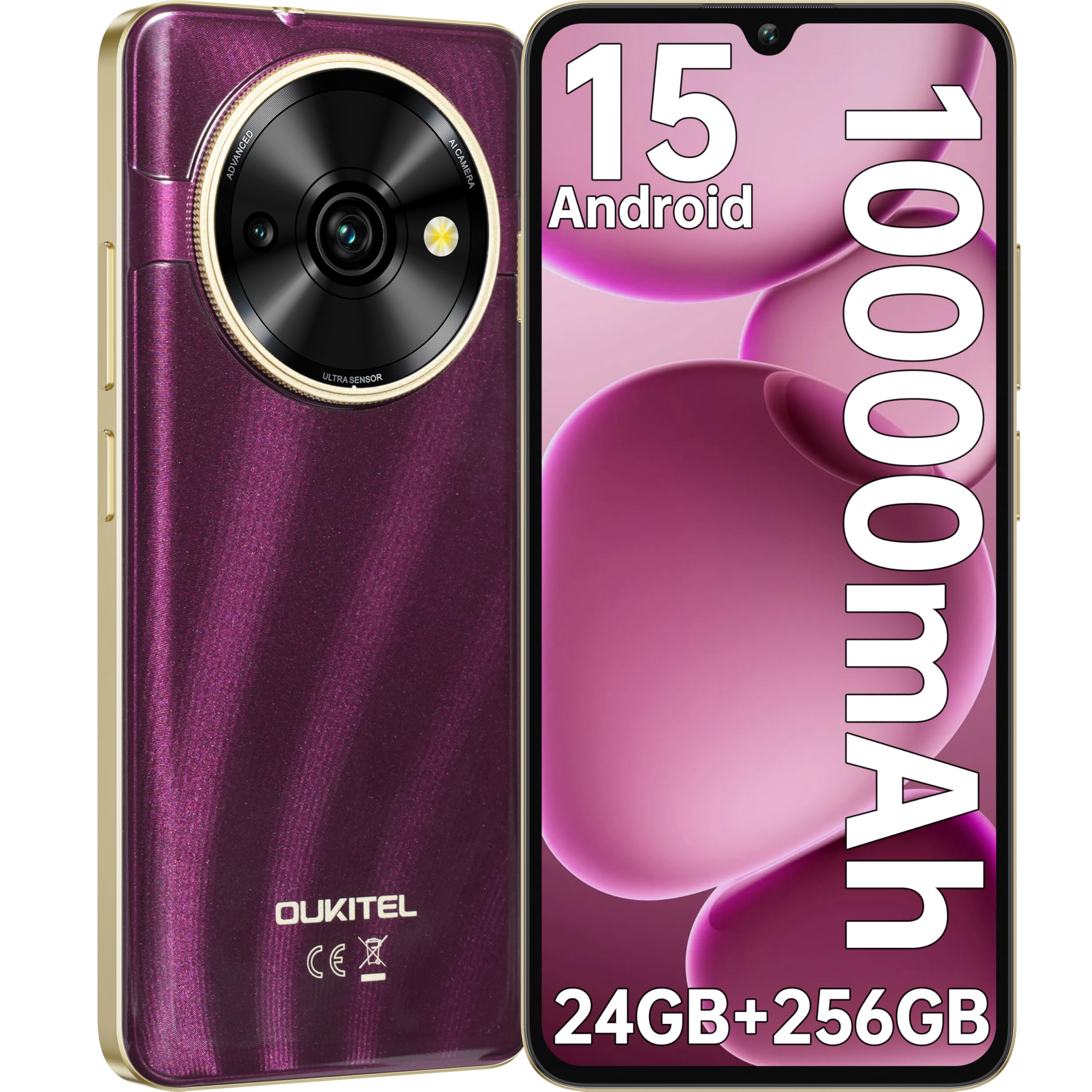 OUKITEL C59 Pro Android15 Mobile Phones - 10000mAh Large battery Smartphone,24GB RAM+256GB ROM+1TB,110LM Flashlight,6.88