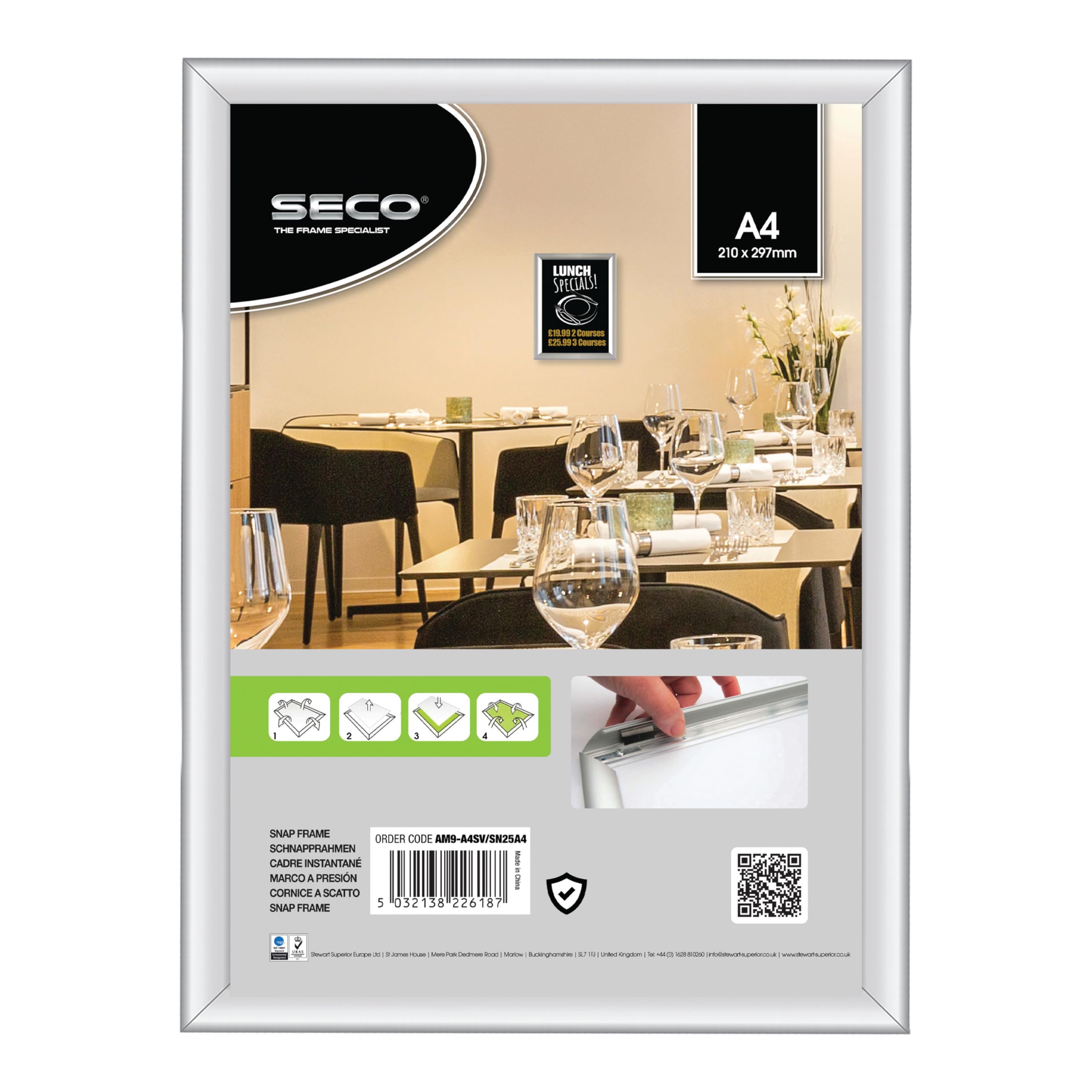 SECO A4 Silver Aluminum Snap Frames – 210x297 mm Easy-Open Display for Posters, Point Of Sale, Menus, Health & Safety Notices – Ideal for Offices, Retail and Venues (AM9-A4SV)