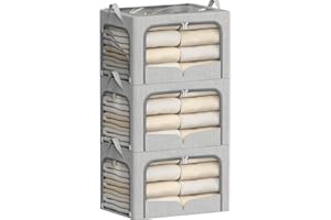 FHSQX Clothes Storage Bins with Metal Frame-Large Foldable Storage Organizer Bin for Clothes 66L Linen Fabric Storage Box with Lid ＆Clear Window (Light Grey, 19.7x15.7x12.6inch(Large))