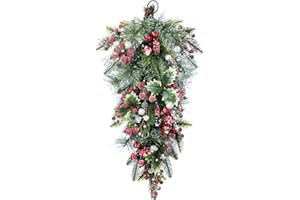 Glitzhome Christmas Teardrop Swag 28 Inch Red Pomegranate Berry & Holy Leaf Decor for Front Door, Indoor Outdoor Holiday Greenery with Rattan Ring for Mantel, Porch, Festive Hanging Decoration
