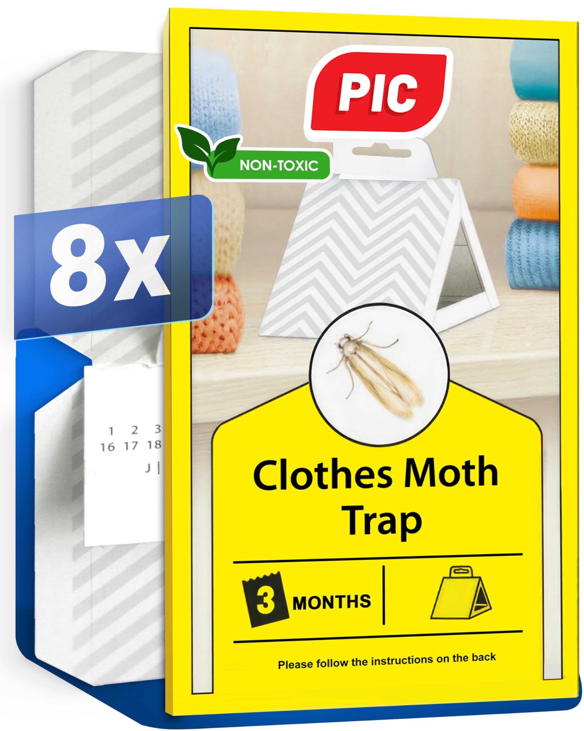 PIC Clothes Moth Trap – 8x Sticky Pheromone Moth Traps for Wardrobes – Textile Sticky Pads for Detecting Cloth Moths