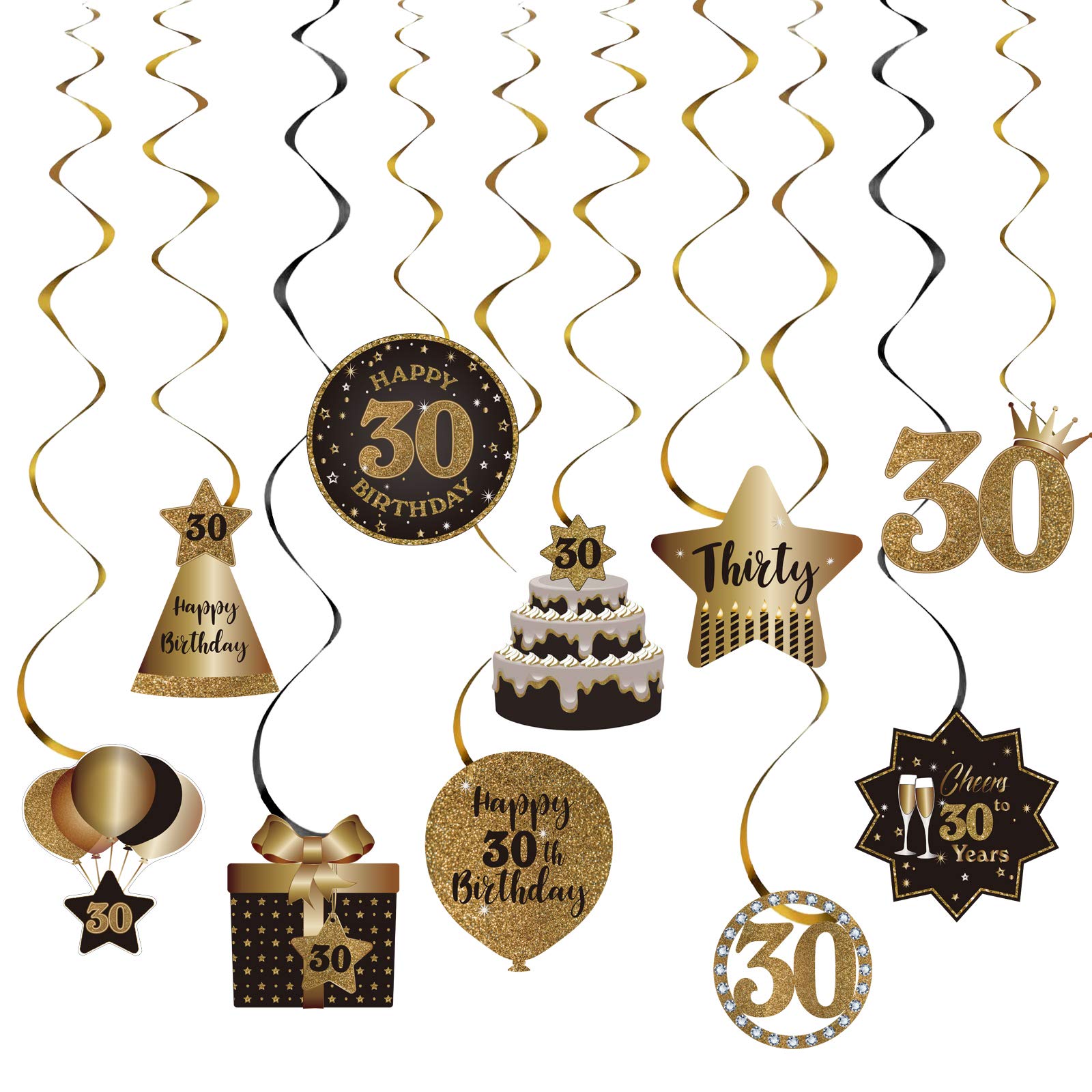 SZHUIHER Happy 30th Birthday Party Hanging Swirls Streams Ceiling Decorations, 30 Foil Hanging Swirls with Cutouts for 30 Years Old Black and Gold Birthday Party Decorations Supplies