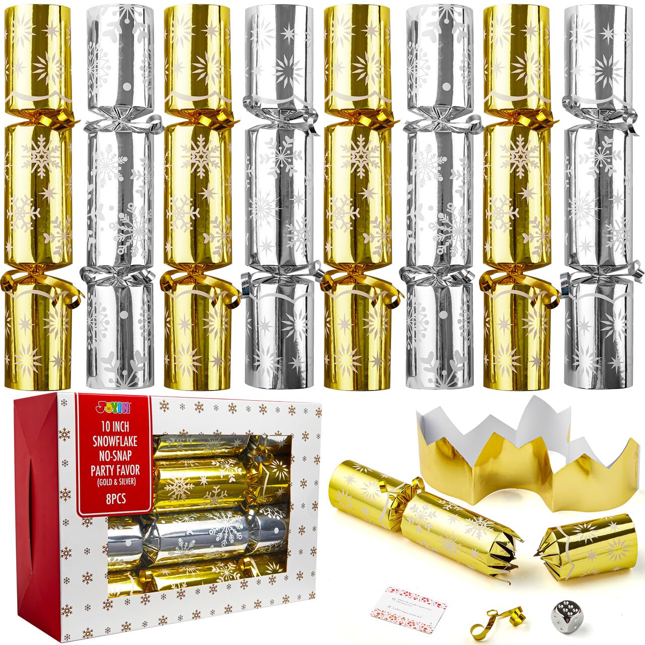 JOYIN 10” Christmas No Snap No Popping Party Table Favor(8 Pack) with Gold & Silver Snowflake Design, with Party Hat, Joke & Little Gift Inside, for Xmas Gift, Christmas Seasonal Holiday Dinner — image 1