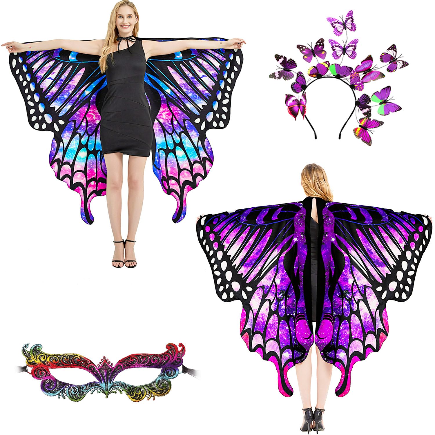 plainshe Butterfly Wings Double-Sided, Fairy Wings for Adults, Halloween Costumes for Women, 3PCS Butterfly Cape Set (Double-Sided 6)